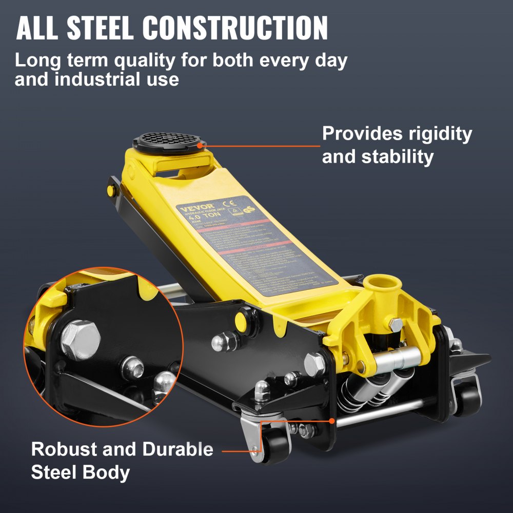 VEVOR Floor Jack, 4 Ton Low Profile Floor Jack, Heavy-duty Steel Racing Floor Jack with Dual Pistons Quick Lift Pump, Floor Jack Lifting Range 3.35"-19.69"