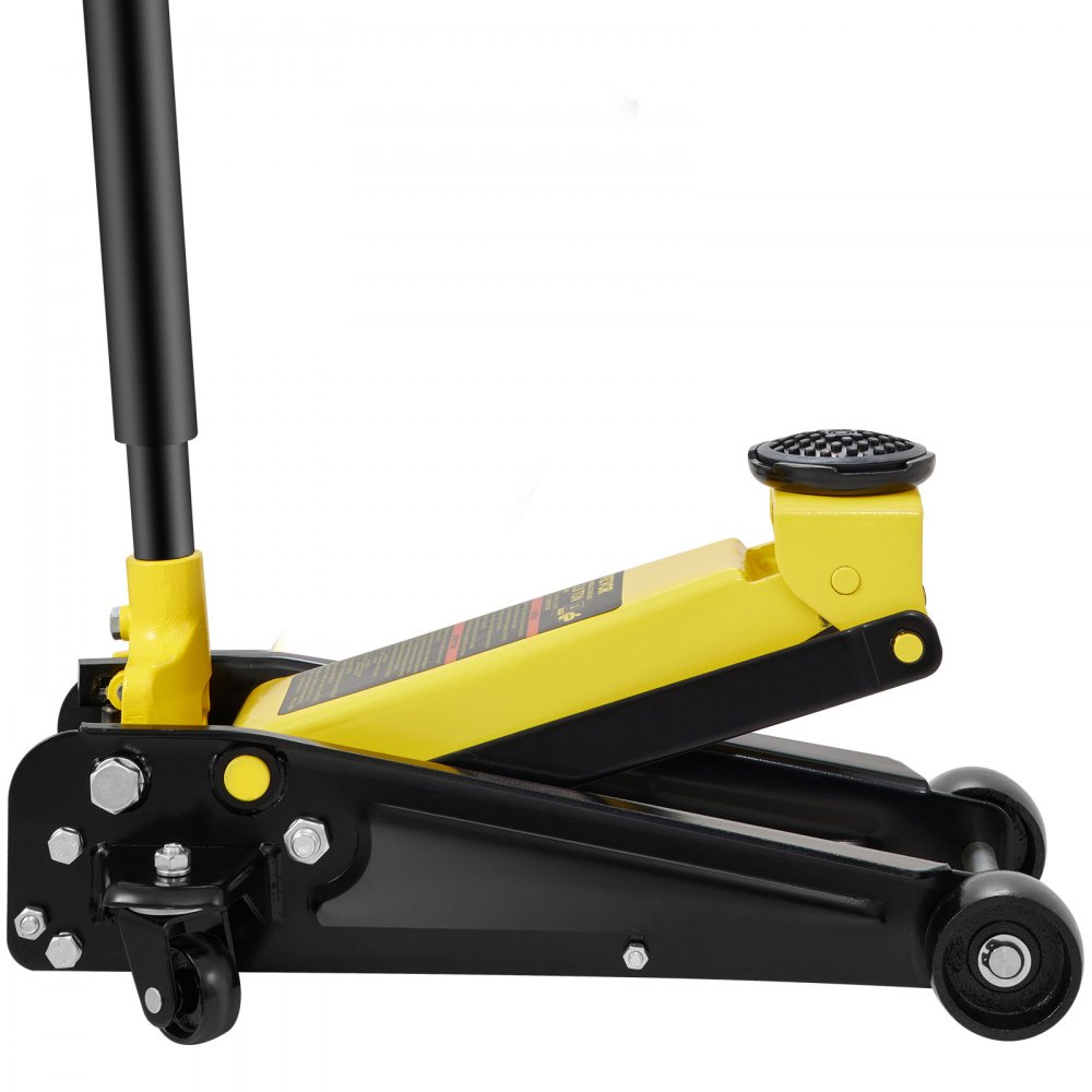 VEVOR 3 ton floor jack with yellow and black color scheme and sturdy wheels.