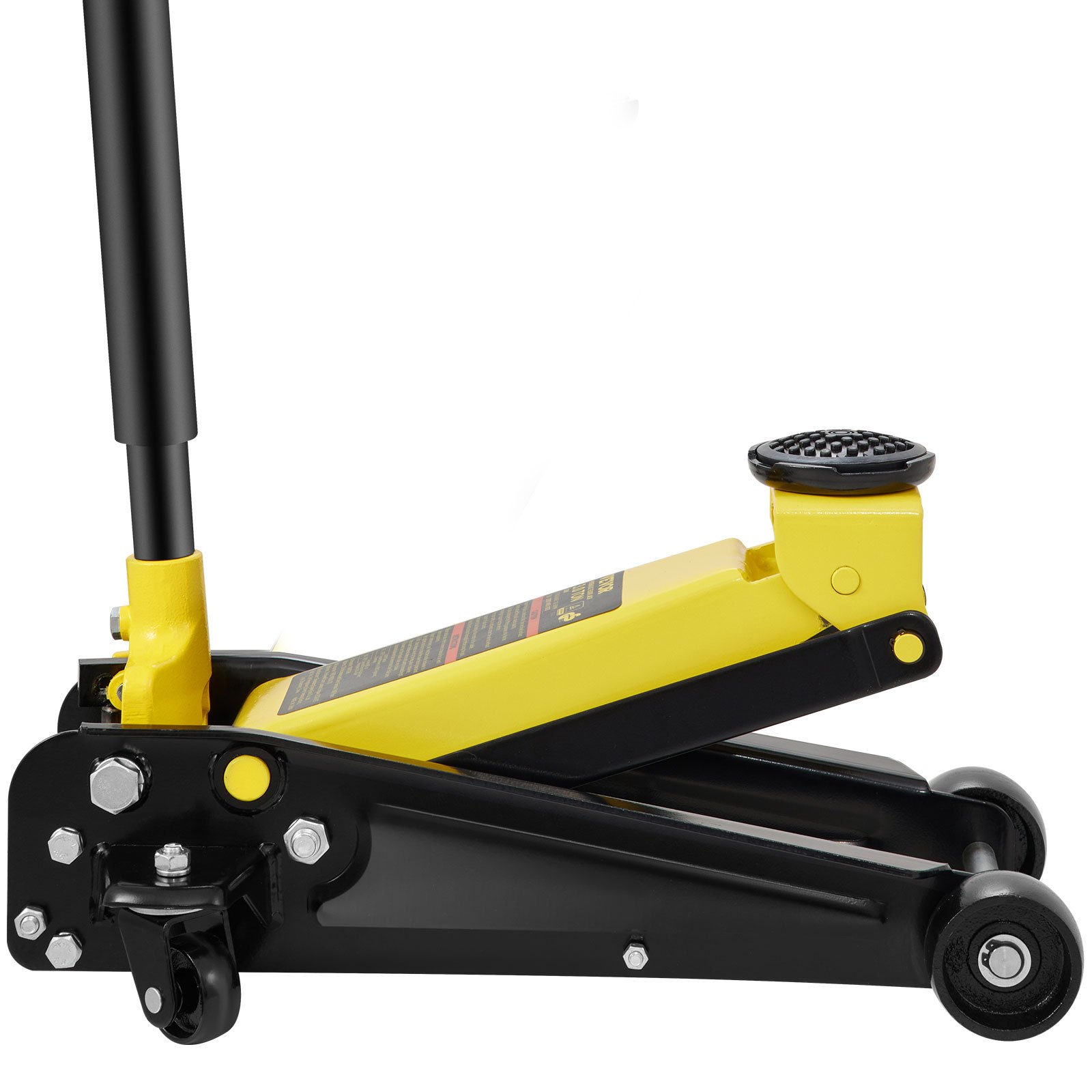 VEVOR 3 ton floor jack with yellow and black color scheme and sturdy wheels.