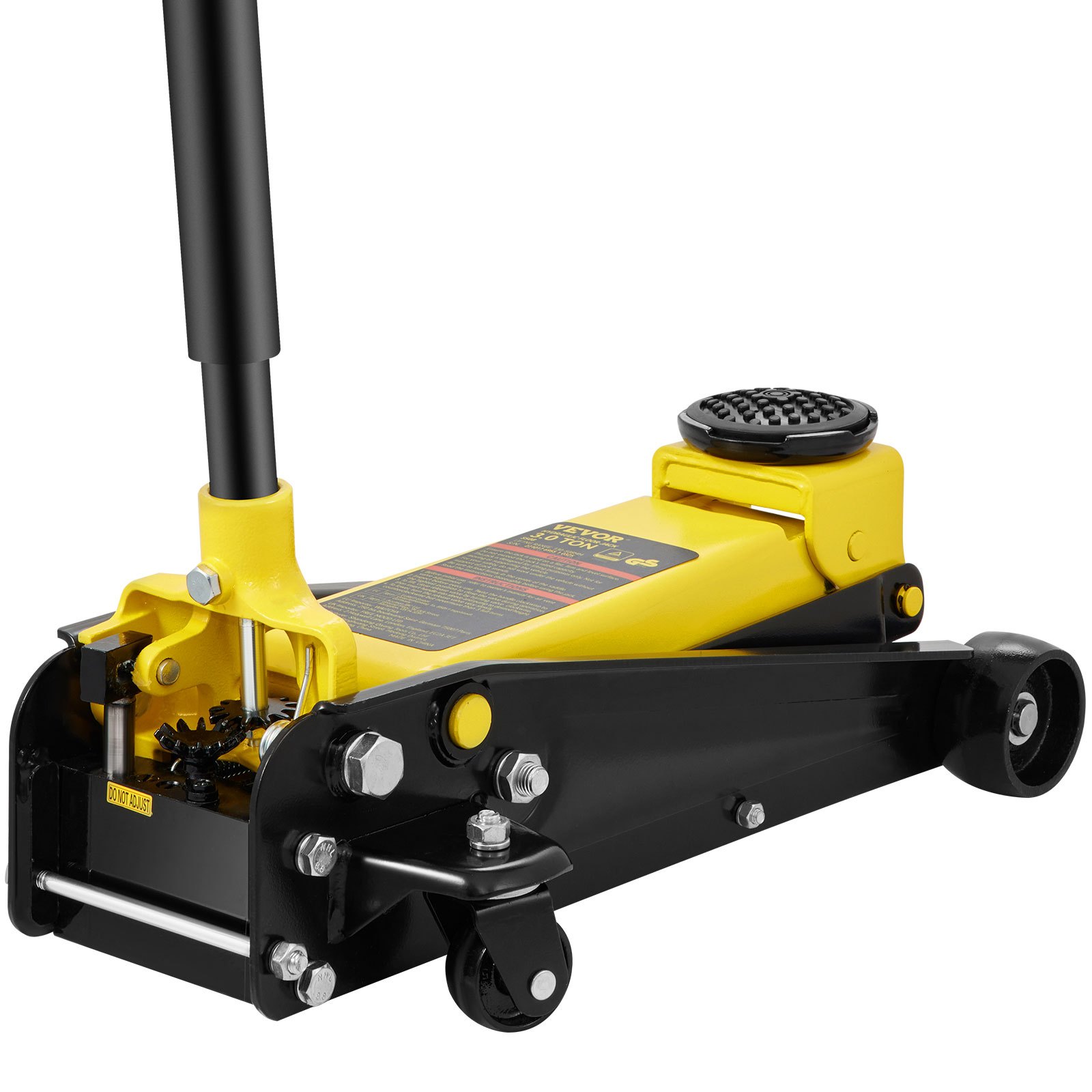 yellow and black VEVOR 3 ton floor jack with handle, wheels, and lifting mechanism.