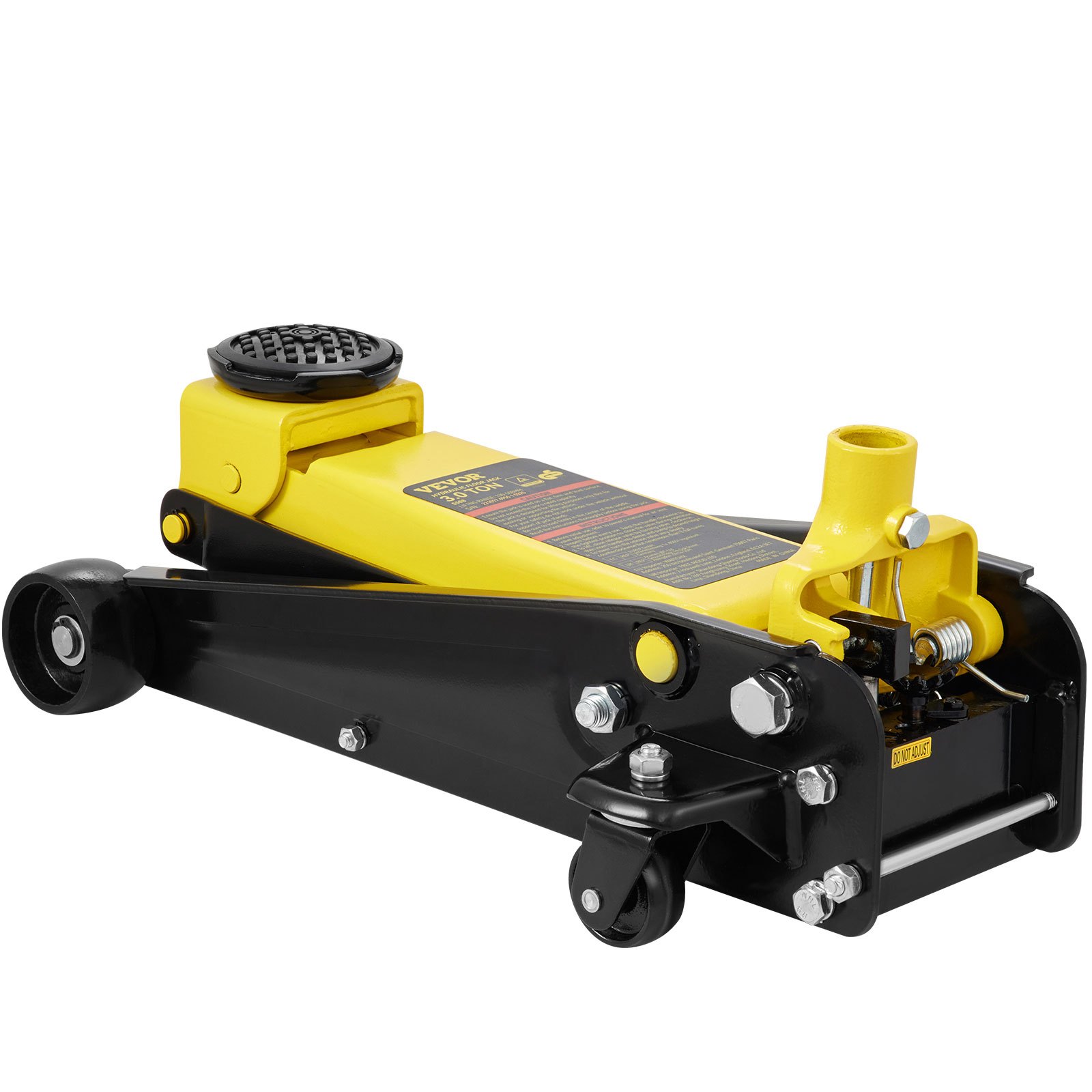 yellow and black VEVOR 3 ton floor jack with hydraulic lift mechanism and caster wheels.
