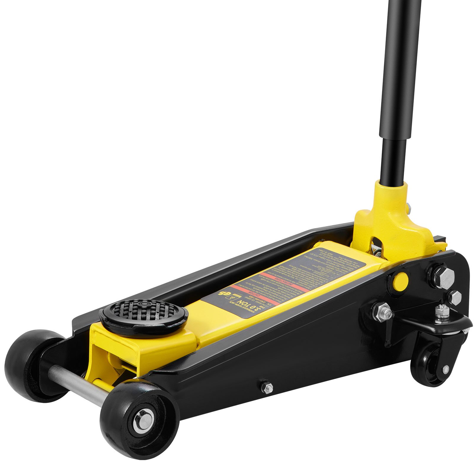 yellow and black VEVOR 3 ton floor jack with rubber saddle pad and sturdy wheels.