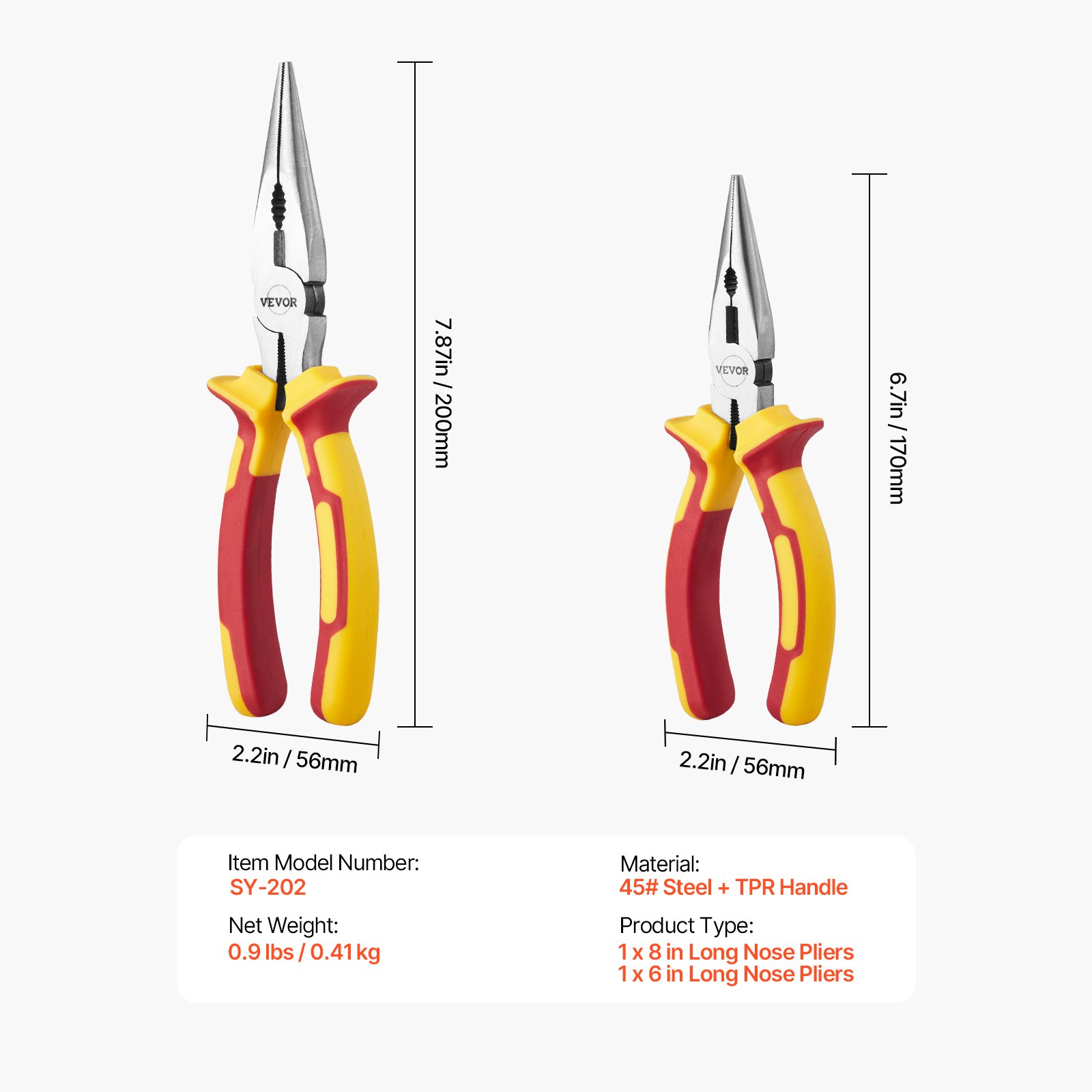 VEVOR 2-Piece Needle Nose Pliers, 8 in Long Needle Nose Plier and 6 in Small Needle Nose Plier, 45 Steel and TPR Handle, for Wire Wrapping, Handmade Craft, Jewelry Making Supplies, Repairing