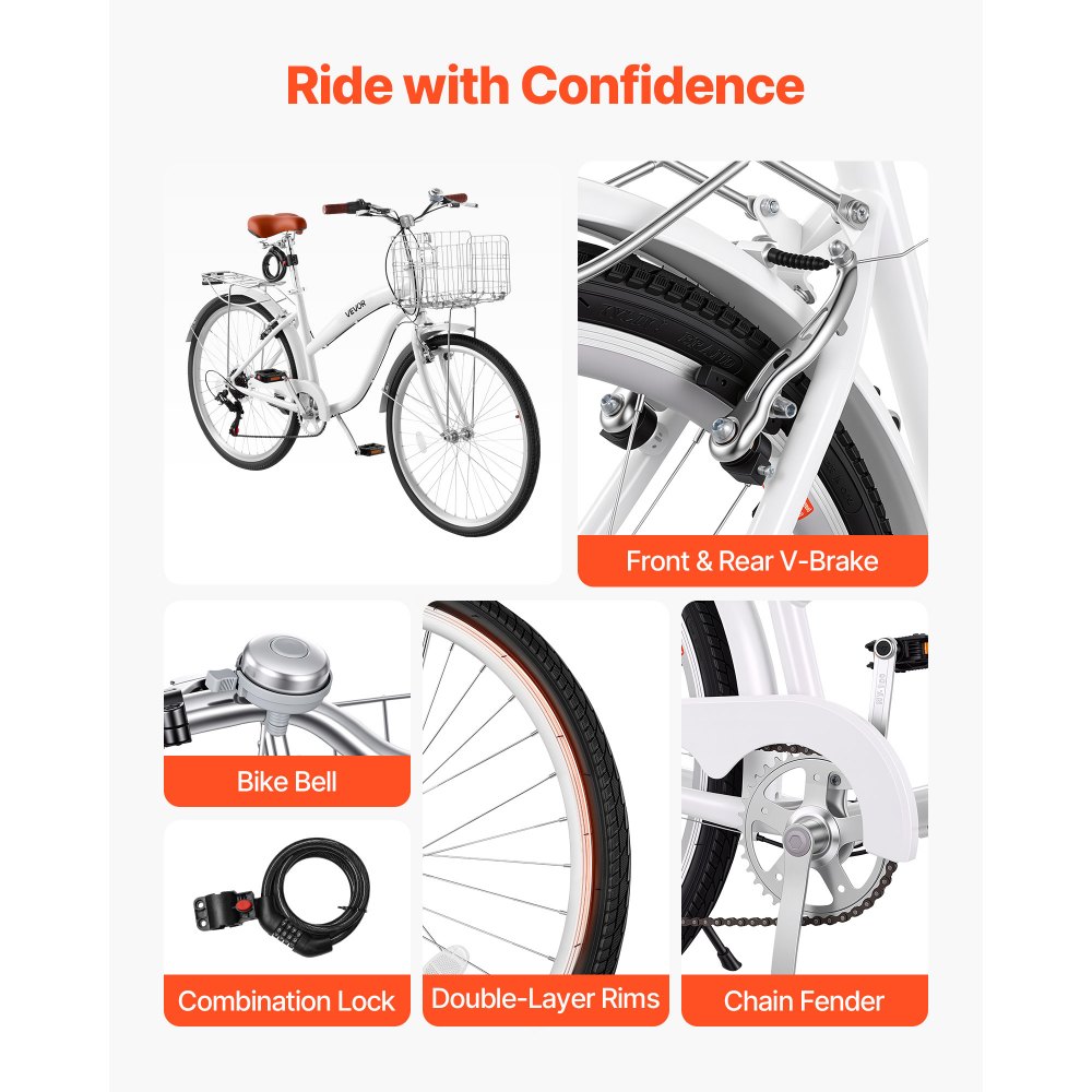 VEVOR Women Bike, 26 in Beach Cruiser Bike, 7-Speed Adult City Bicycle with Carbon Steel Frame, 330 lbs Capacity, Basket, Rear Rack & Dual V-Brakes, White