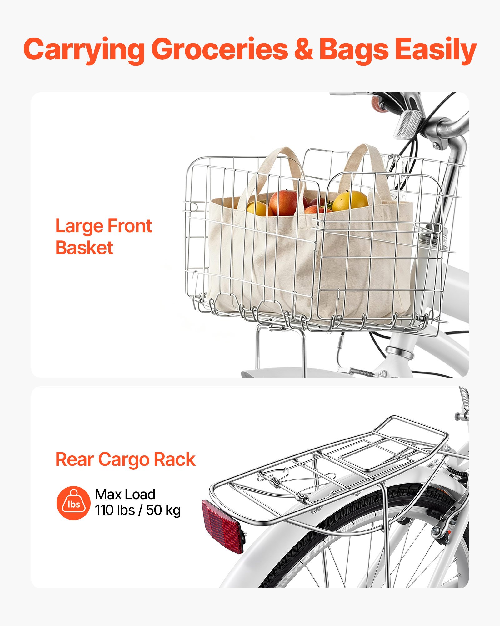 VEVOR Women Bike, 26 in Beach Cruiser Bike, 7-Speed Adult City Bicycle with Carbon Steel Frame, 330 lbs Capacity, Basket, Rear Rack & Dual V-Brakes, White