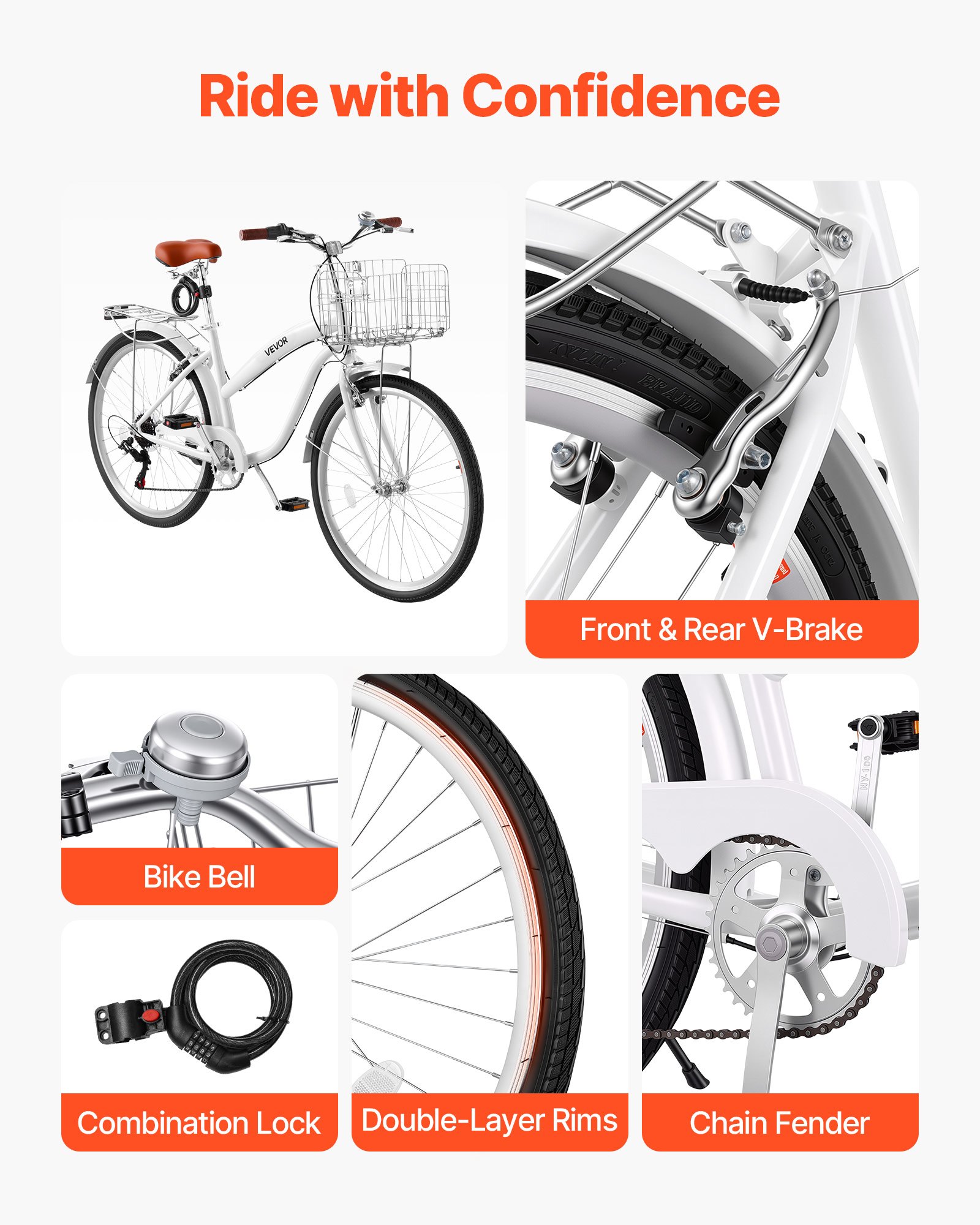 VEVOR Women Bike, 26 in Beach Cruiser Bike, 7-Speed Adult City Bicycle with Carbon Steel Frame, 330 lbs Capacity, Basket, Rear Rack & Dual V-Brakes, White