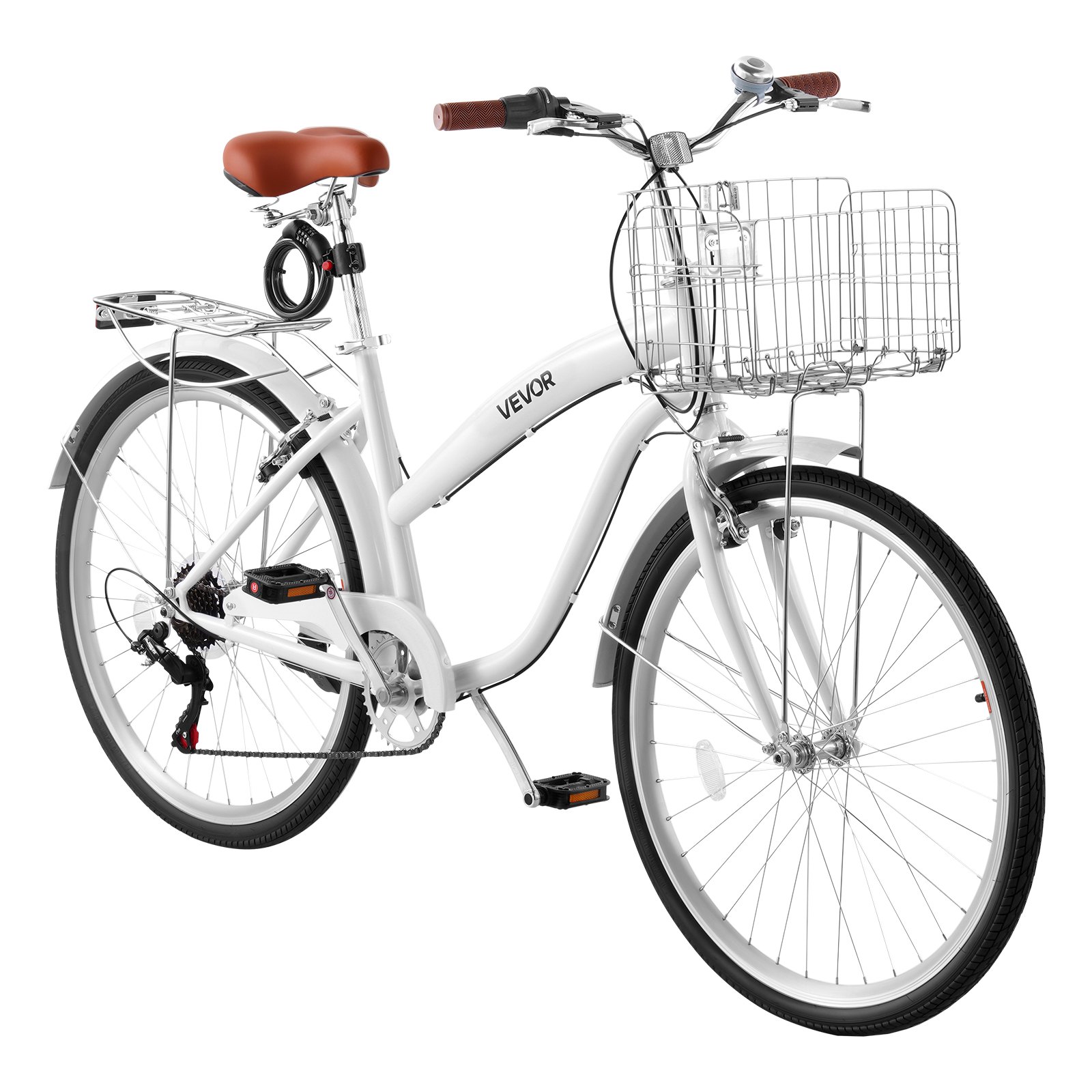 VEVOR Women Bike, 26 in Beach Cruiser Bike, 7-Speed Adult City Bicycle with Carbon Steel Frame, 330 lbs Capacity, Basket, Rear Rack & Dual V-Brakes, White