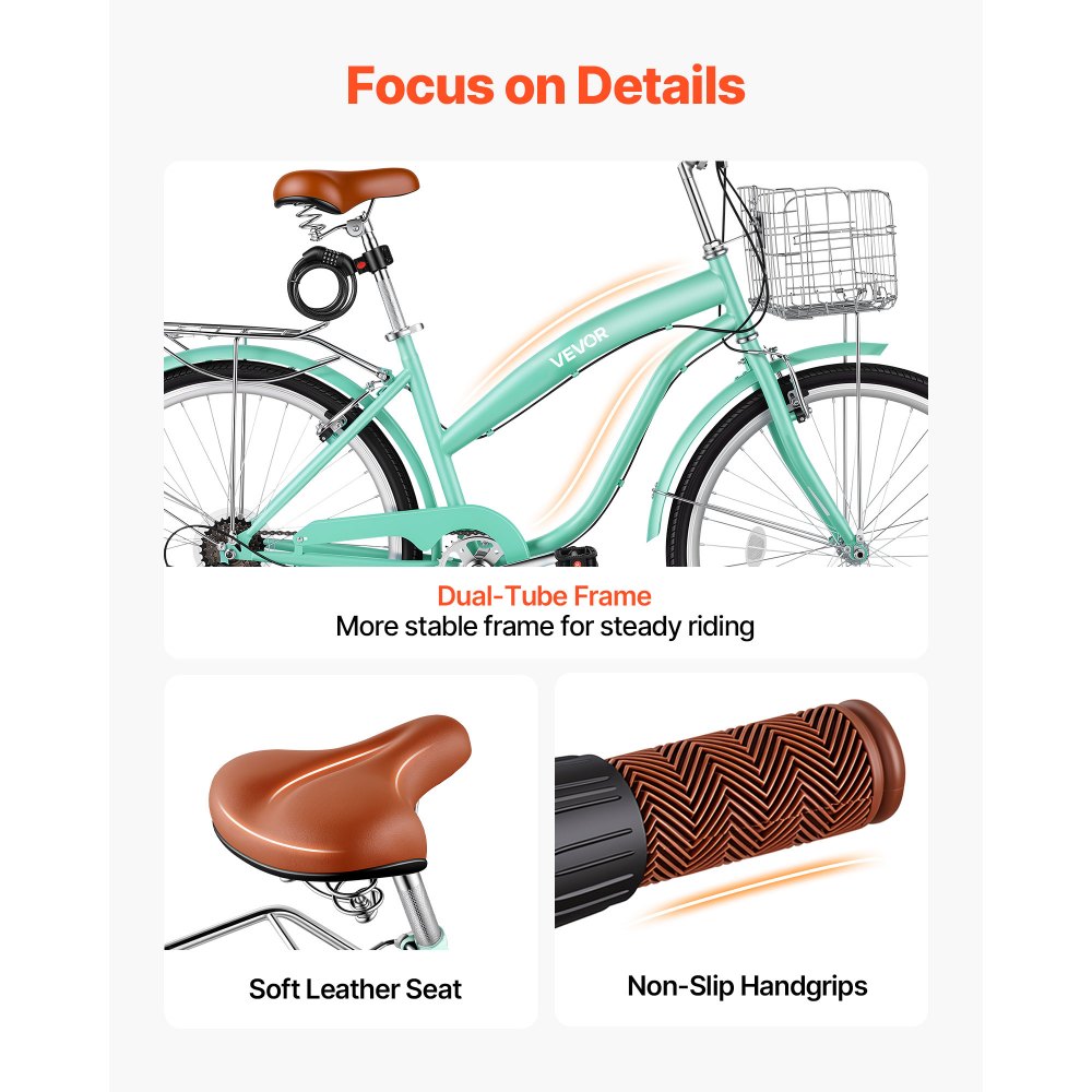 VEVOR Women Bike, 26 in Beach Cruiser Bike, 7-Speed Adult City Bicycle with Carbon Steel Frame, 330 lbs Capacity, Basket, Rear Rack & Dual V-Brakes, Mint Green