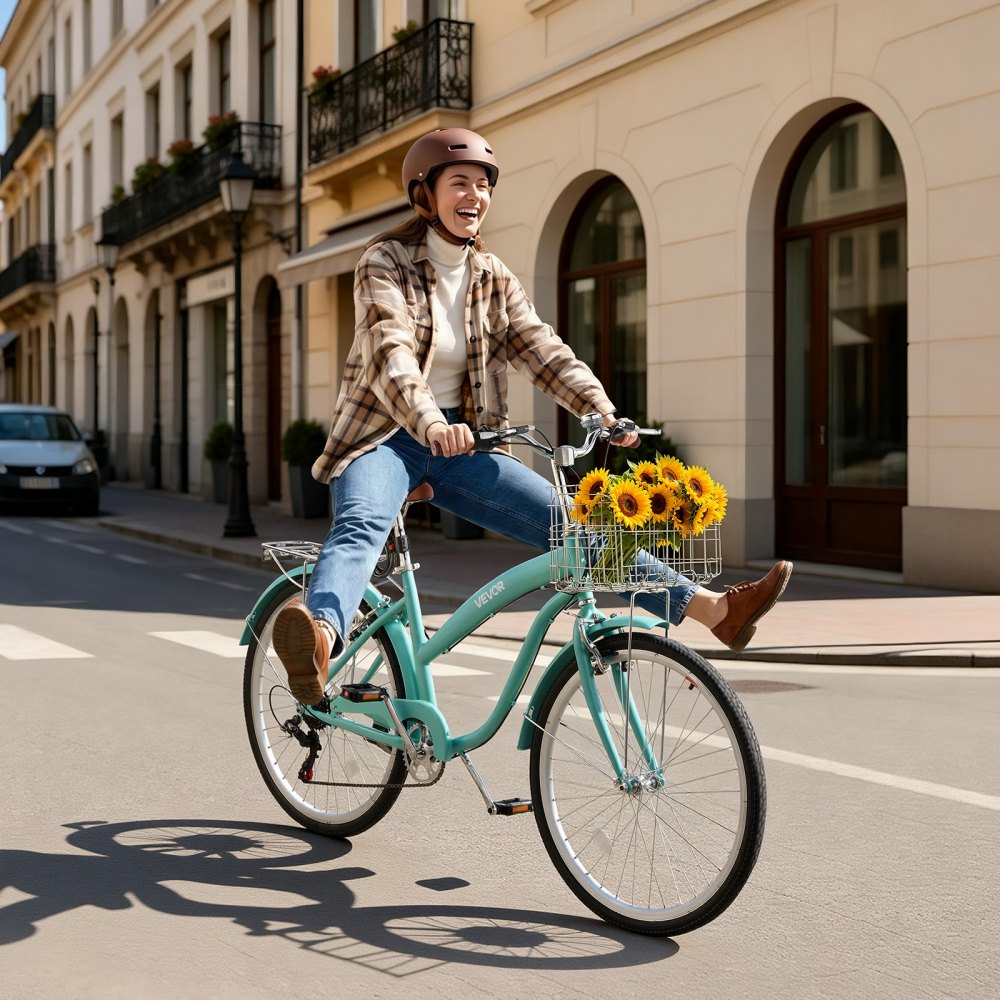VEVOR Women Bike, 26 in Beach Cruiser Bike, 7-Speed Adult City Bicycle with Carbon Steel Frame, 330 lbs Capacity, Basket, Rear Rack & Dual V-Brakes, Mint Green