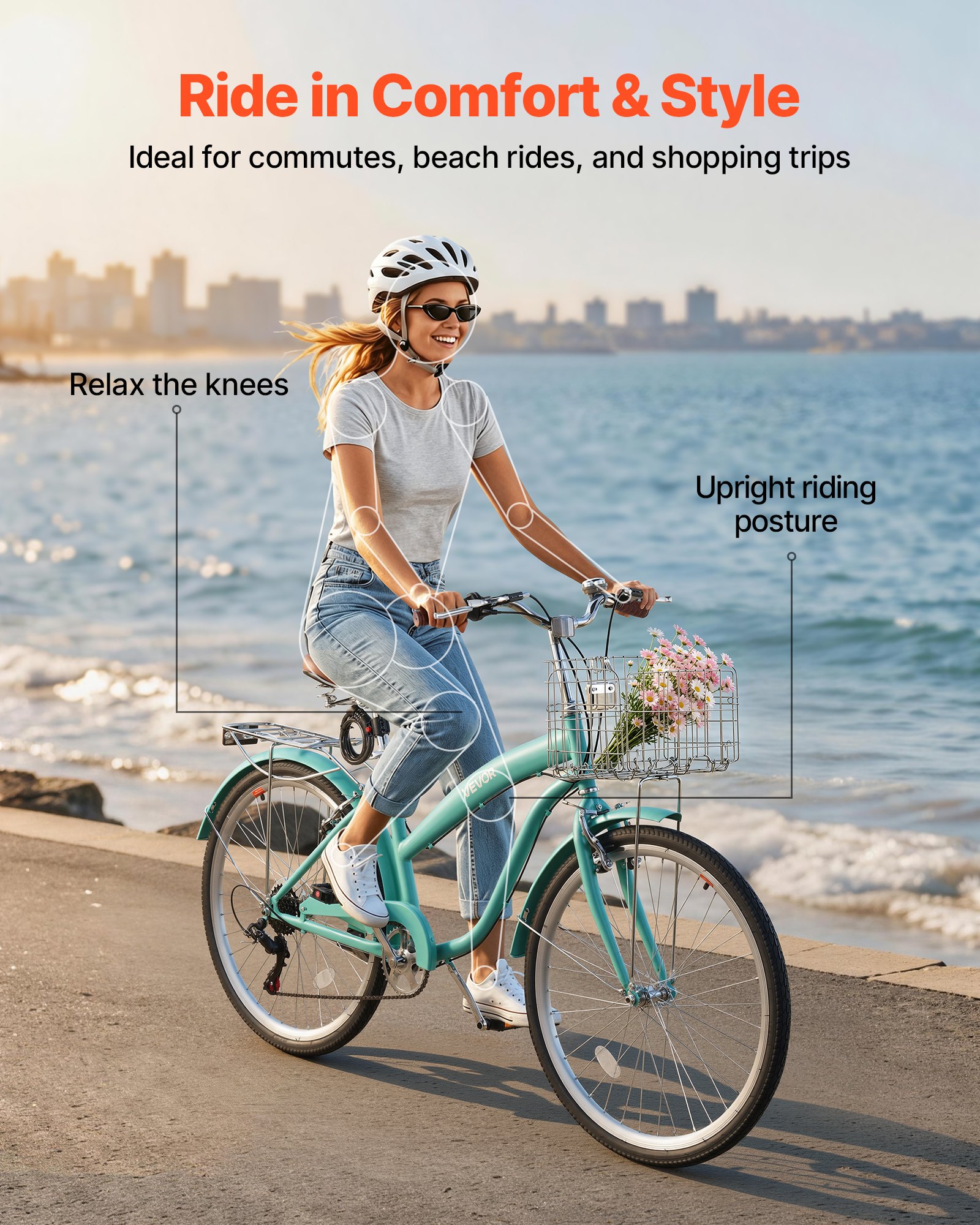 VEVOR Women Bike, 26 in Beach Cruiser Bike, 7-Speed Adult City Bicycle with Carbon Steel Frame, 330 lbs Capacity, Basket, Rear Rack & Dual V-Brakes, Mint Green
