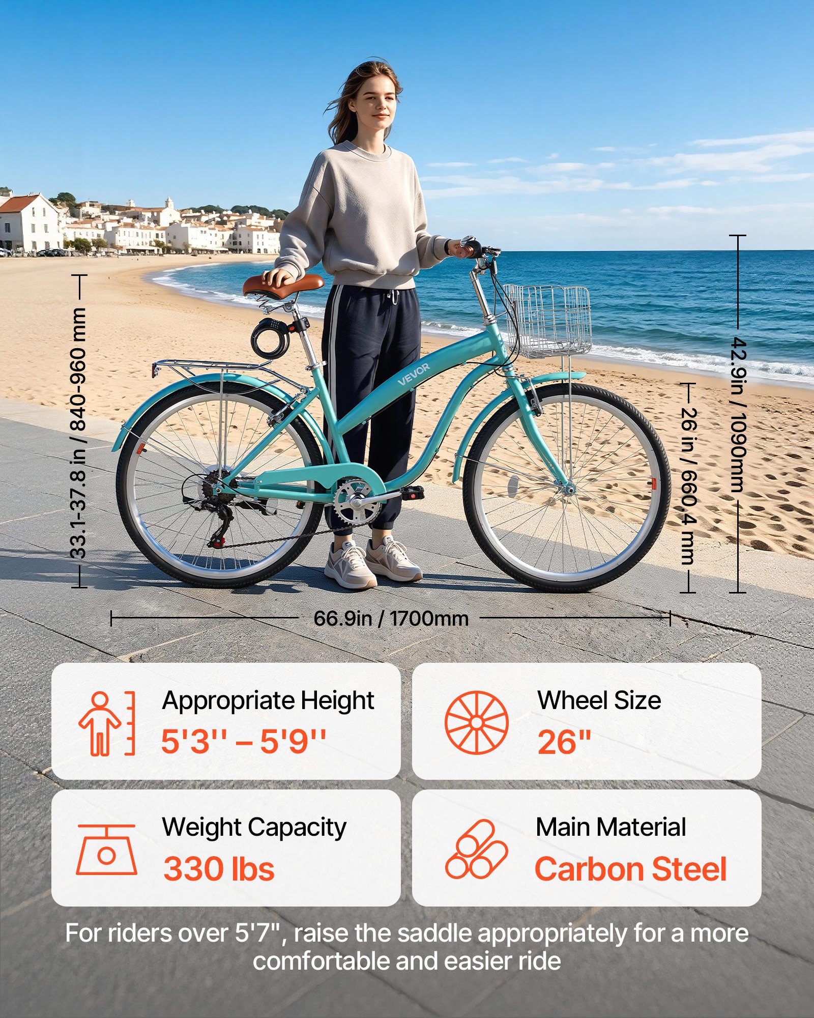 VEVOR Women Bike, 26 in Beach Cruiser Bike, 7-Speed Adult City Bicycle with Carbon Steel Frame, 330 lbs Capacity, Basket, Rear Rack & Dual V-Brakes, Mint Green