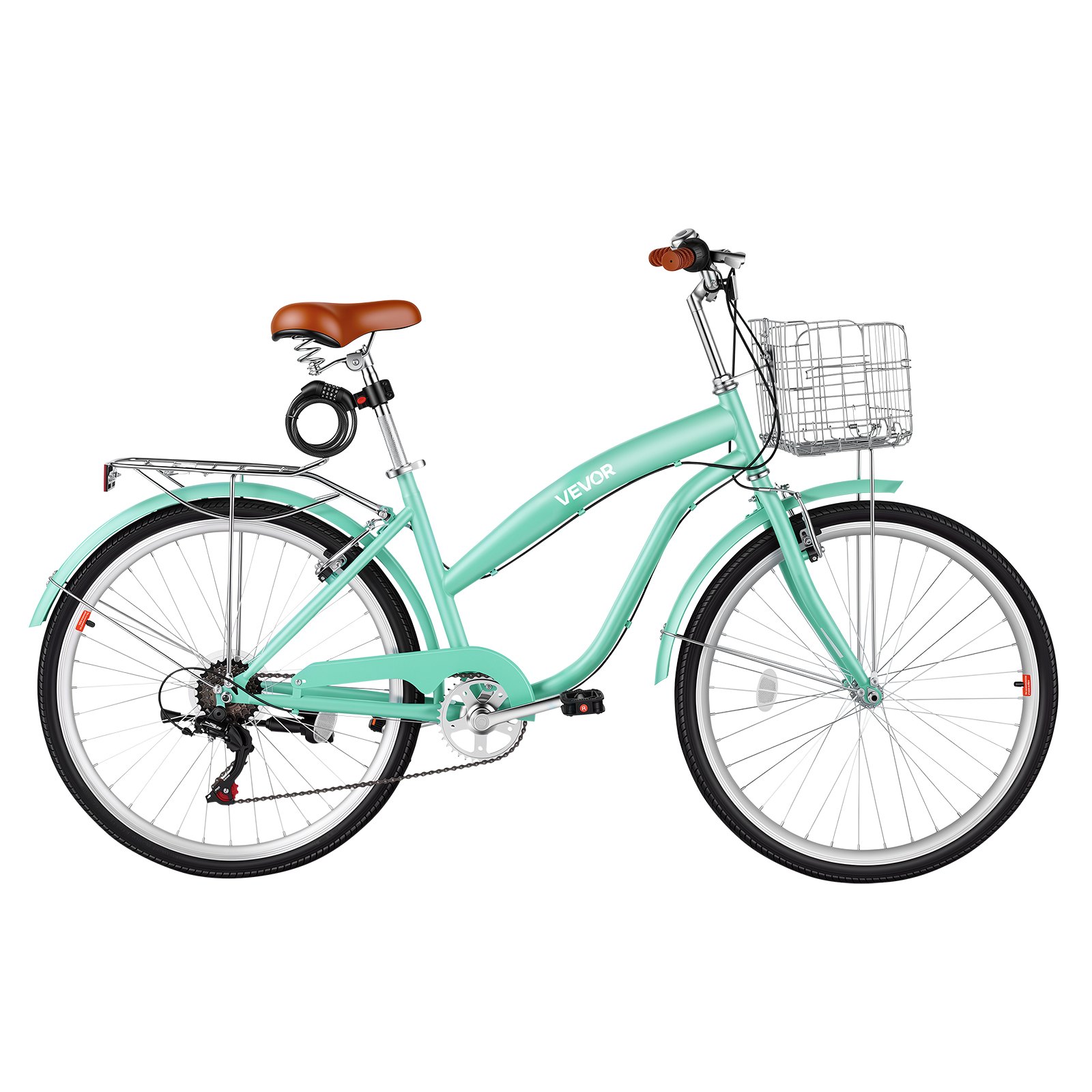 VEVOR Women Bike, 26 in Beach Cruiser Bike, 7-Speed Adult City Bicycle with Carbon Steel Frame, 330 lbs Capacity, Basket, Rear Rack & Dual V-Brakes, Mint Green