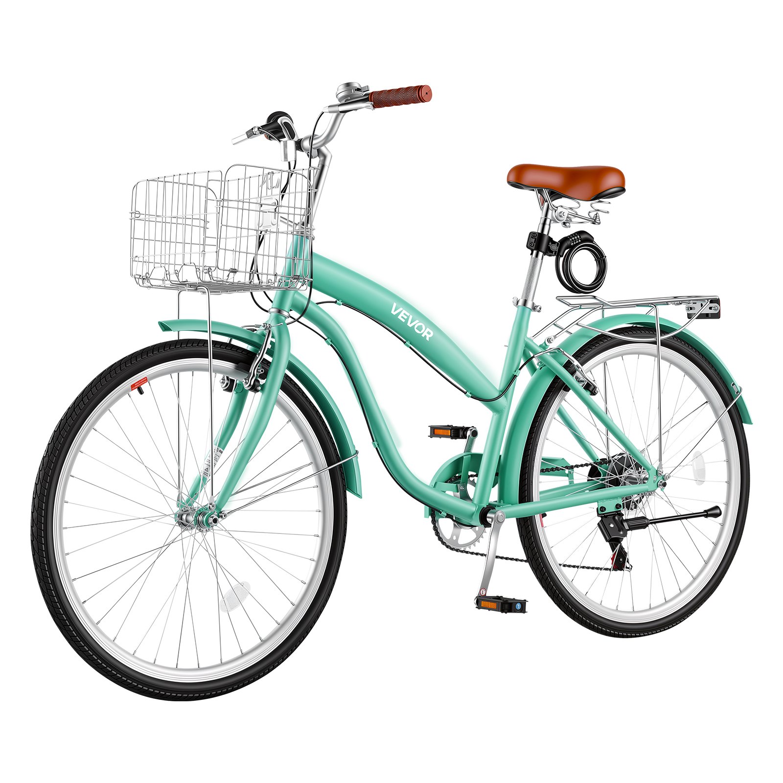 VEVOR Women Bike, 26 in Beach Cruiser Bike, 7-Speed Adult City Bicycle with Carbon Steel Frame, 330 lbs Capacity, Basket, Rear Rack & Dual V-Brakes, Mint Green