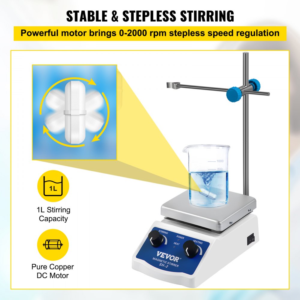 VEVOR SH-2 Magnetic Stirrer, 0-2000 RPM, 1000ml Mixing Capacity Laboratory Magnetic Stirrer Hotplate with Stand, 180W Heating Power ＆ 380°C Max Heating Temperature, for Lab Liquid Mixing Heating