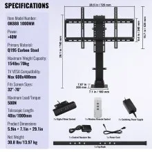 VEVOR Motorized TV Lift Stroke Length 39.4 Inches Motorized TV Mount Fit for 32-70 Inch TV Lift with Remote Control Height Adjustable 28.74-68.11 Inch,Load Capacity 154 Lbs