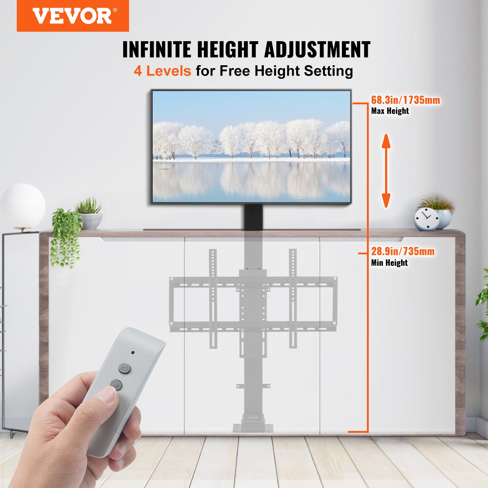 VEVOR Motorized TV Lift with Swivel, Adjustable Height 28.74-68.11 Inch for 32-70 Inch TVs, Remote Controlled, 154 Lbs Capacity, Manual Left/Right Swivel 30°