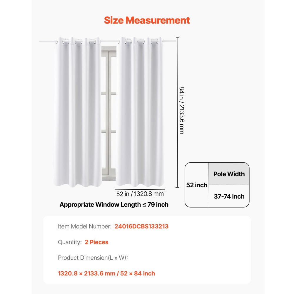 VEVOR Blackout Curtains, White Blocking Drapes for Bedroom and Living Room, 2 Panels Set Grommet Room Darkening Curtain, Solid Thermal Insulated Drapes, Noise Reducing Window Treatments, 52x84 inch