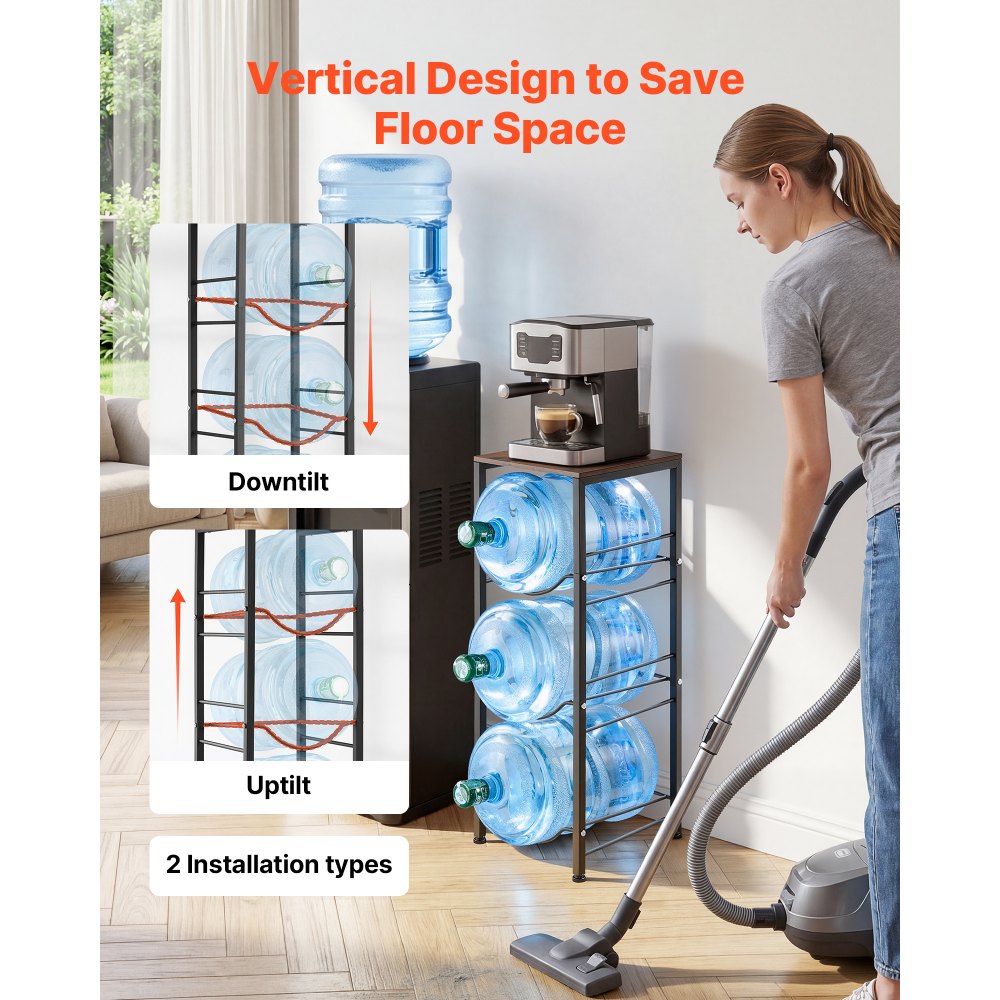 VEVOR Water Jug Holder, 4 Tiers 11 L and 19 L Water Bottle Holder for 3 Bottles, Heavy Duty Jug Rack Organizer with Storage Shelf, Detachable for Kitchen, Office, Living Room, Black and Brown