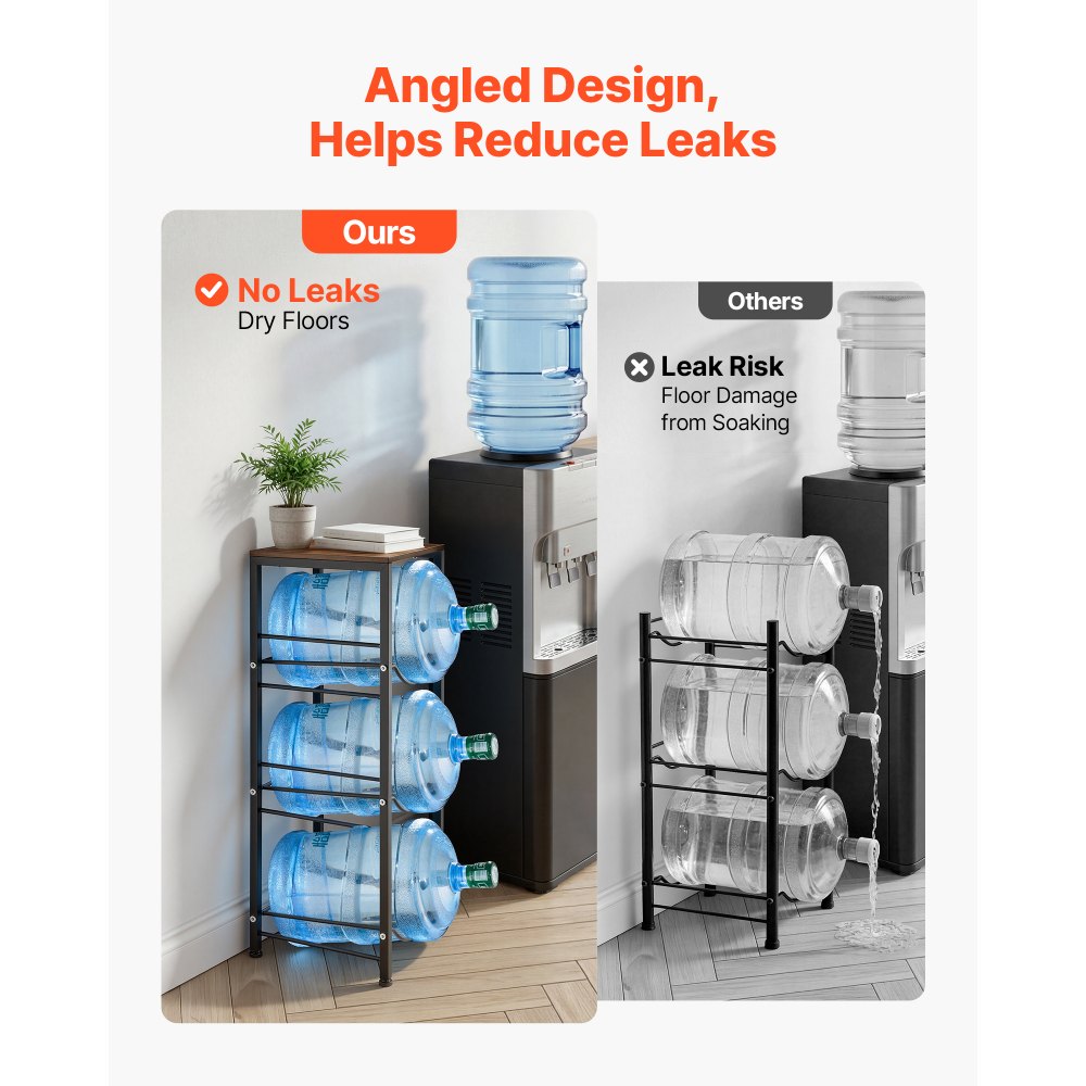 VEVOR Water Jug Holder, 4 Tiers 11 L and 19 L Water Bottle Holder for 3 Bottles, Heavy Duty Jug Rack Organizer with Storage Shelf, Detachable for Kitchen, Office, Living Room, Black and Brown