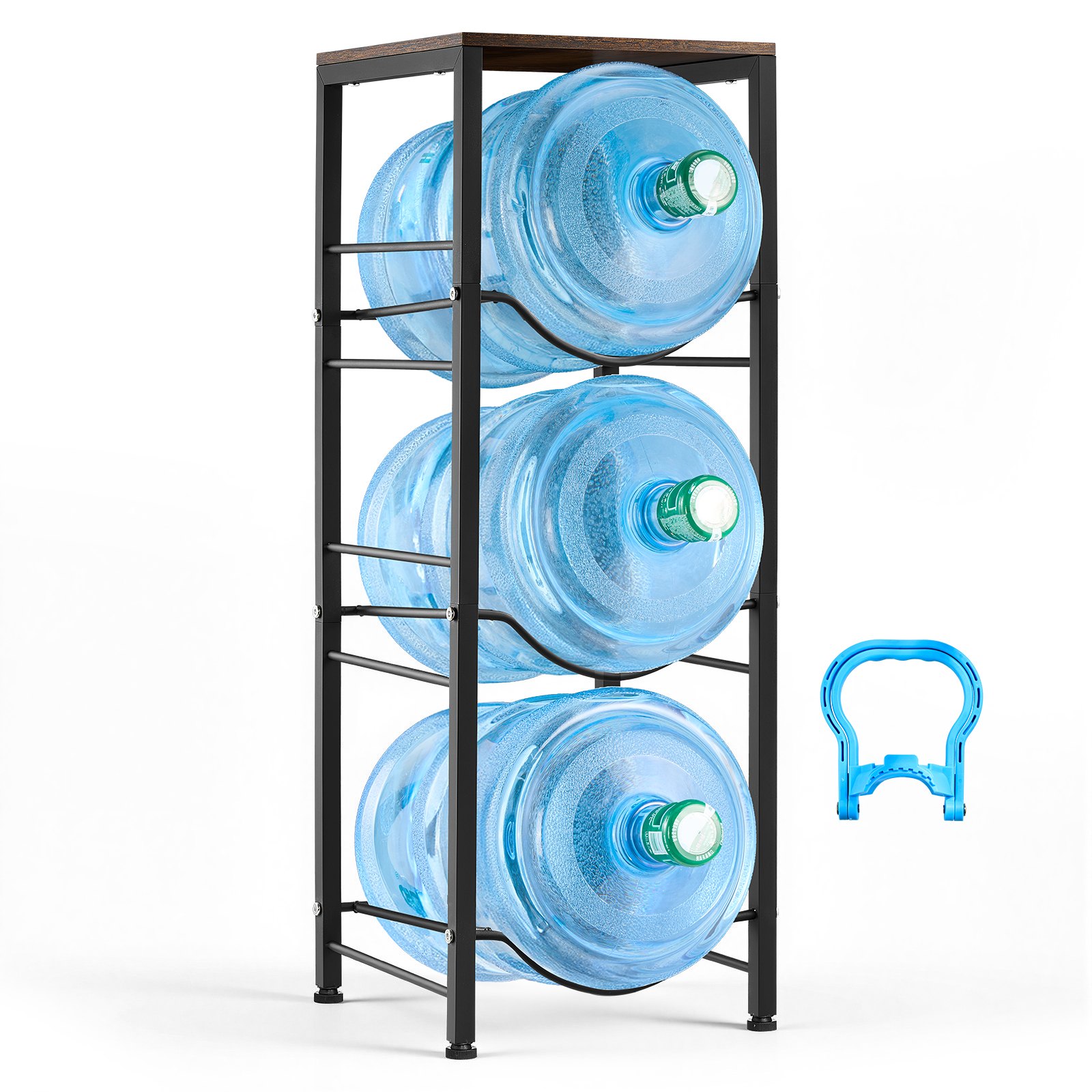 VEVOR Water Jug Holder, 4 Tiers 11 L and 19 L Water Bottle Holder for 3 Bottles, Heavy Duty Jug Rack Organizer with Storage Shelf, Detachable for Kitchen, Office, Living Room, Black and Brown