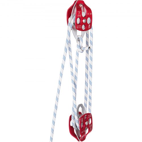 VEVOR Double Pulley Block & Rope Kit, 12 mm x 30 m Braided Line, Dual Pulley Rigging System, 35 kN Breaking Strength for Tower Work, Hoisting, Training, Outdoor Applications