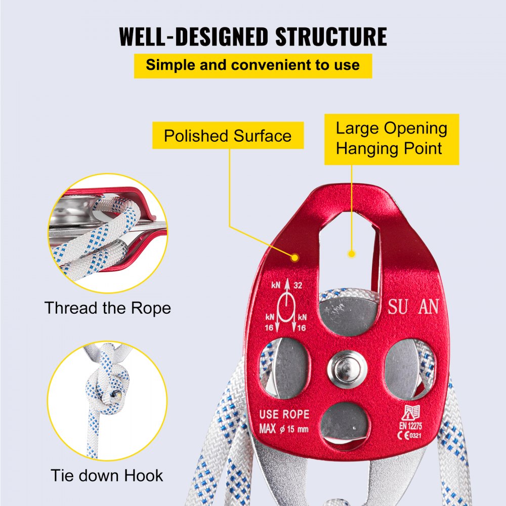 Twin Sheave Block and Tackle 0.43-0.5Inch 100-200Ft Twin Sheave Block with Braid Rope 30-35KN 6600-7705LBS Double Pulley Rigging (1/2" x 200')