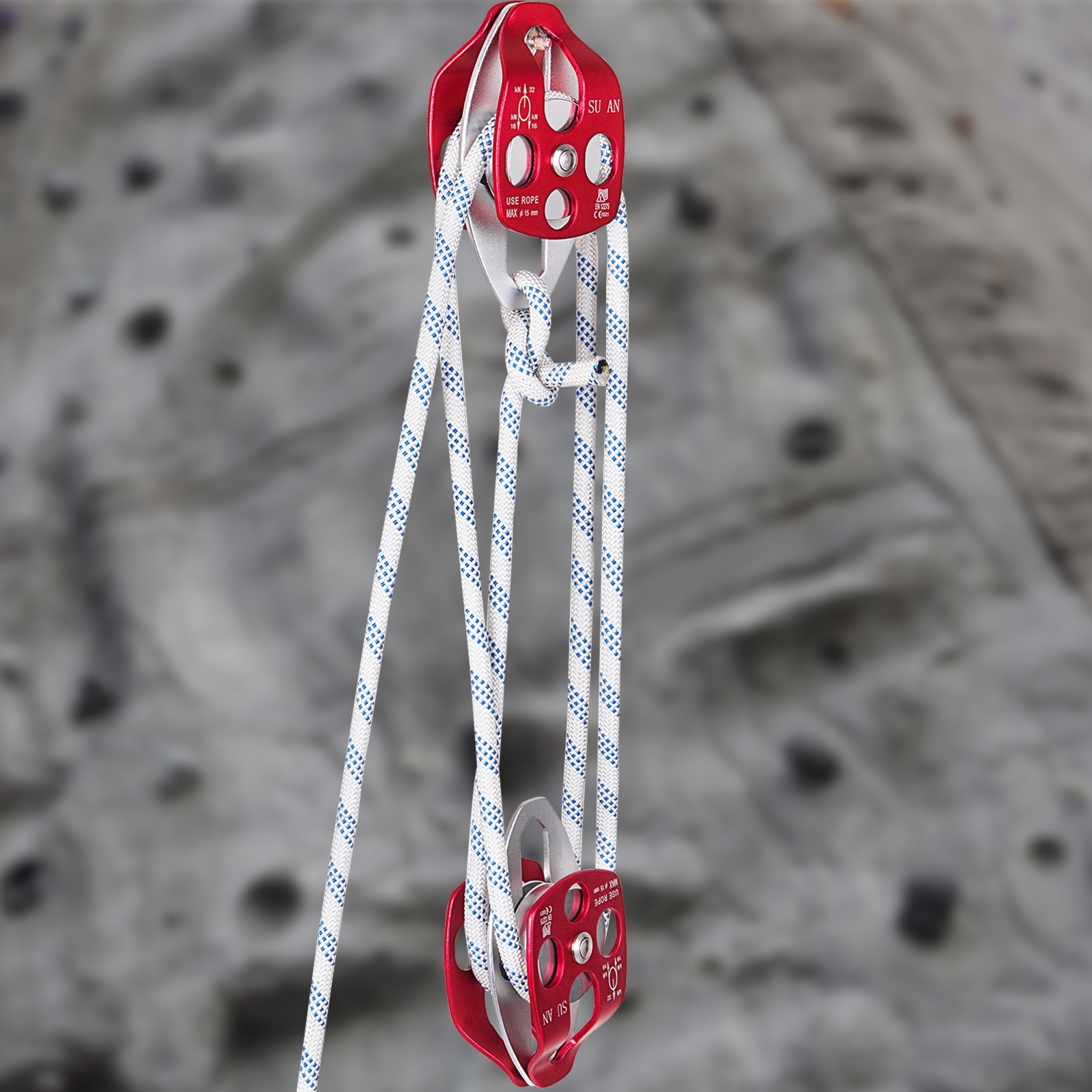 Twin Sheave Block and Tackle 0.43-0.5Inch 100-200Ft Twin Sheave Block with Braid Rope 30-35KN 6600-7705LBS Double Pulley Rigging (1/2" x 200')