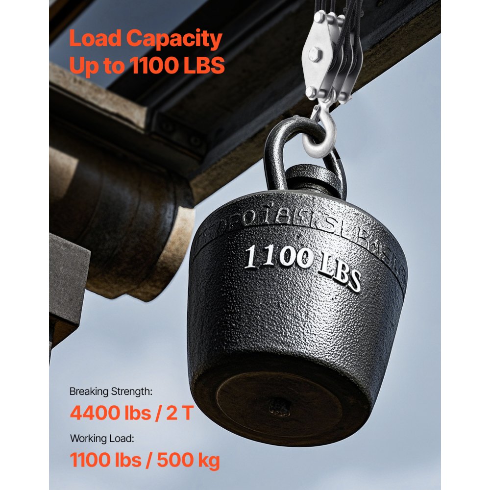 VEVOR 4400 lbs Breaking Strength 100 FT Rope Pulley Hoist, 5:1 Lifting Power Heavy Duty Pulley System with 2pcs Soft Loops, Metal Wheels Bearing Structure, Block and Tackle for Lifting Heavy Objects