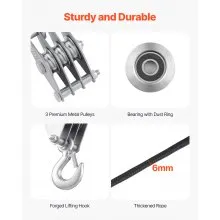 VEVOR 4400 lbs Breaking Strength 100 FT Rope Pulley Hoist, 5:1 Lifting Power Heavy Duty Pulley System with 2pcs Soft Loops, Metal Wheels Bearing Structure, Block and Tackle for Lifting Heavy Objects