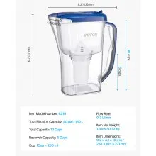 Water Filter Pitcher 9 Cup 5-stage Water Filter Dispenser 40 Gallons No BPA