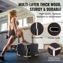 VEVOR 3 in 1 Plyometric Jump Box, 16/14/12 Inch Wooden Plyo Box, Platform & Jumping Agility Box, Anti-Slip Fitness Exercise Step Up Box for Home Gym Training, Conditioning Strength Training, Black