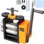 VEVOR rolling mill with orange frame, black gears, dual cylindrical rollers, and essential accessories.