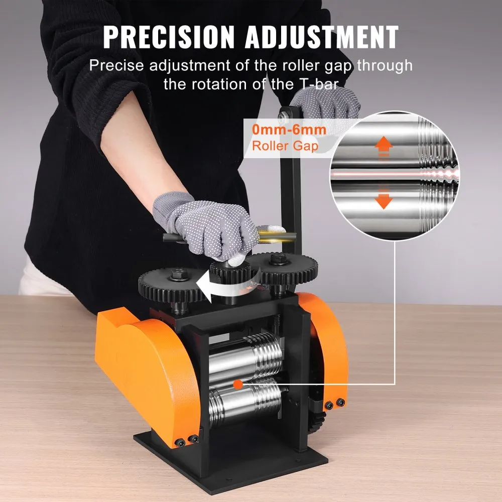 person adjusting VEVOR jewelry rolling mill with highlighted roller gap measurement.