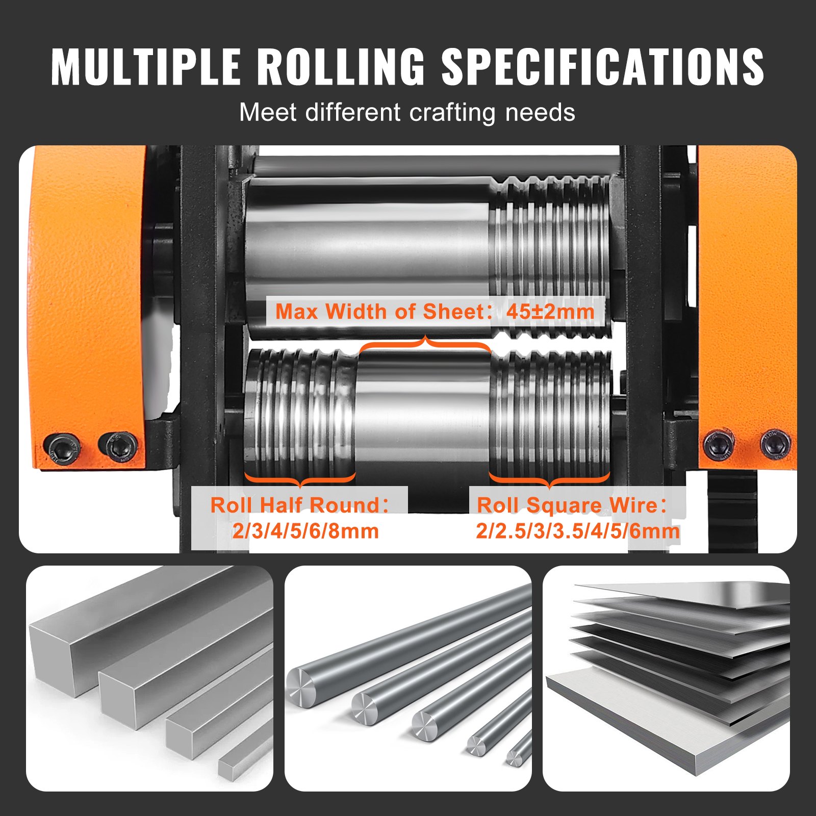 VEVOR jewelry rolling mill with multiple specifications for half round, square wire, and sheet rolling.