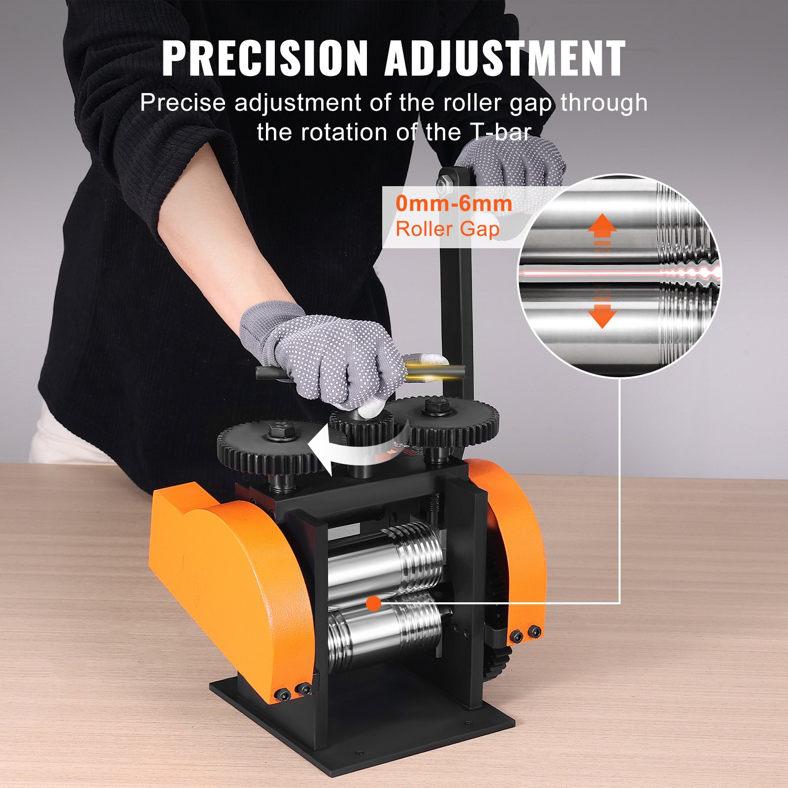 person adjusting VEVOR jewelry rolling mill with highlighted roller gap measurement.