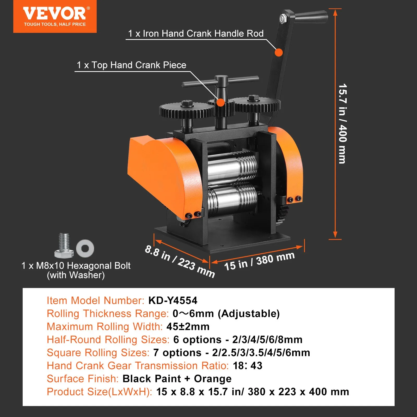 VEVOR jewelry rolling mill with adjustable thickness, hand crank, black and orange finish, 15in x 8.8in x 15.7in.