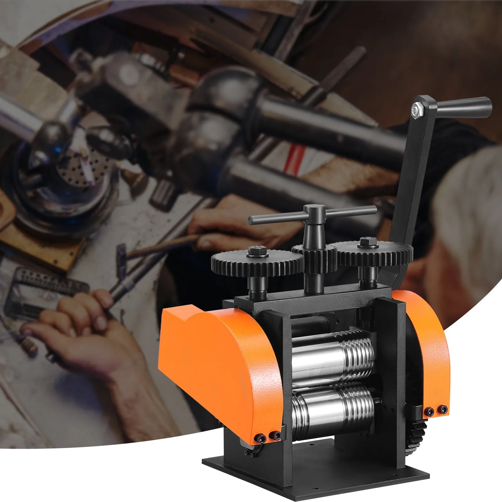 VEVOR jewelry rolling mill with orange and black design in a craftsman&#039;s workshop.