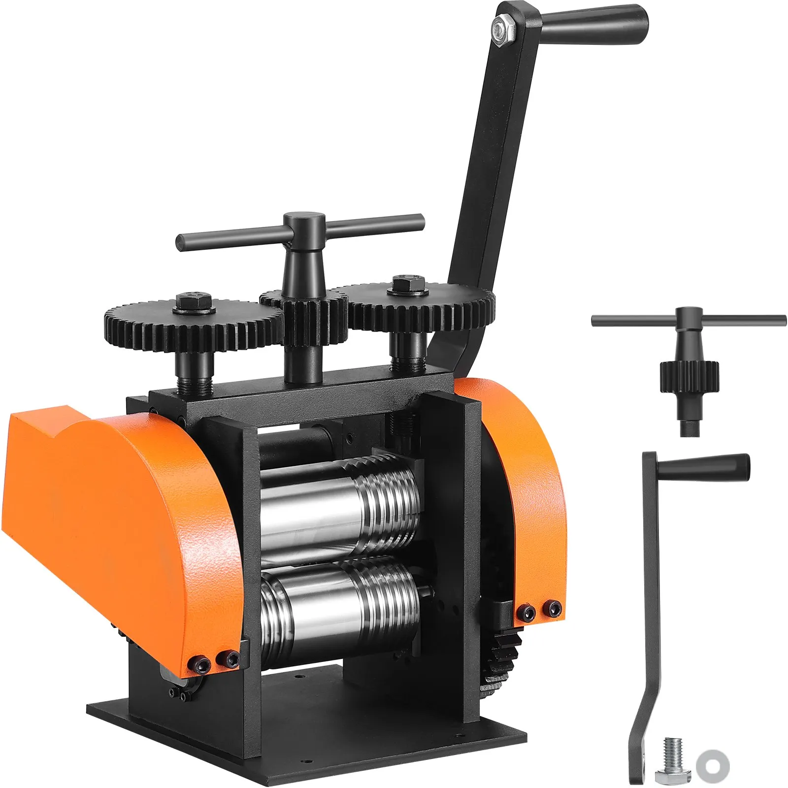 VEVOR jewelry rolling mill with orange side panels and black gears for metal shaping, with extra tools included.