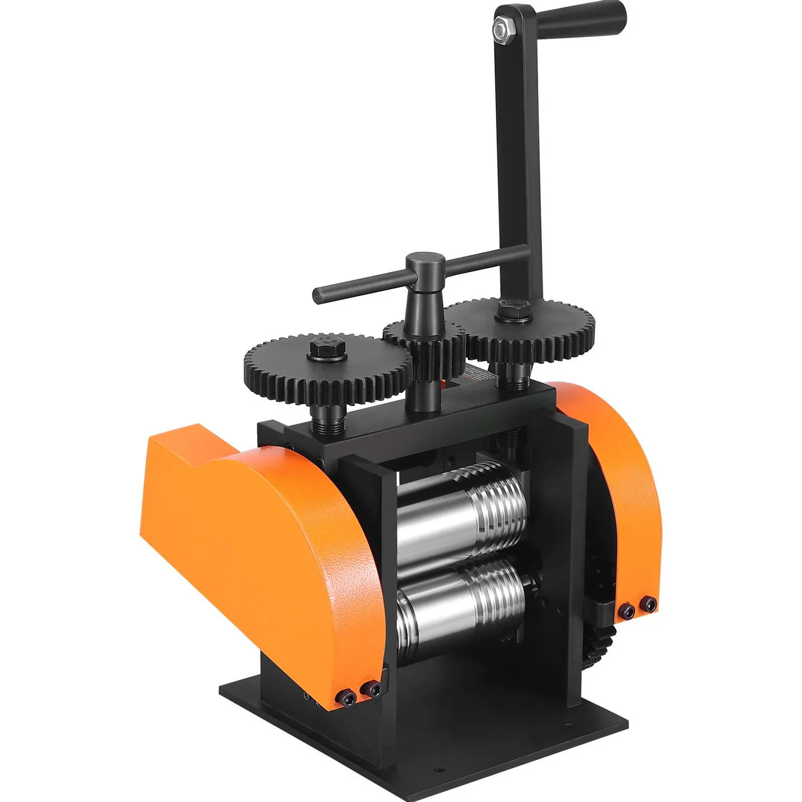 VEVOR jewelry rolling mill with orange side covers and hand crank for metal forming.