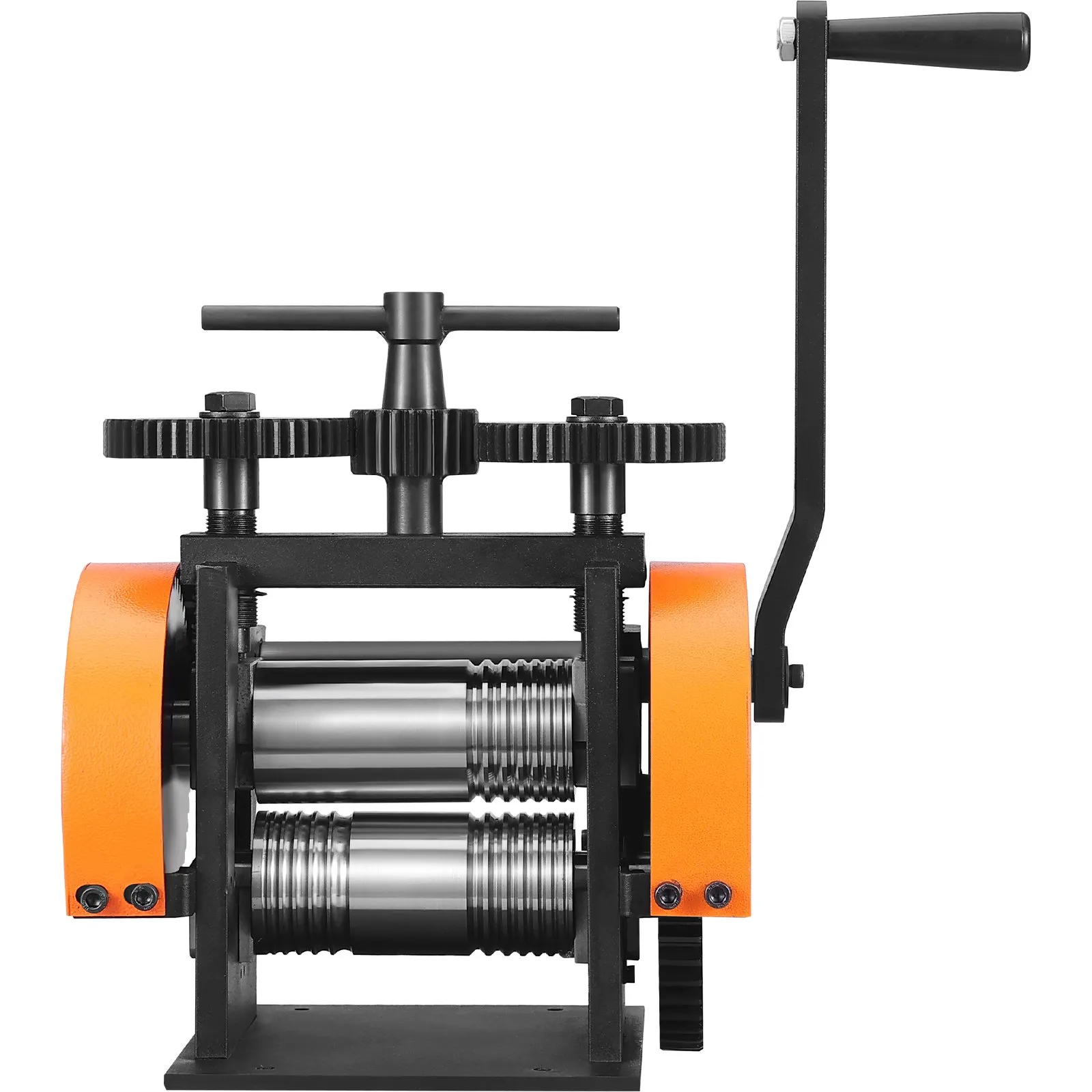 VEVOR jewelry rolling mill with orange covers, black gears, and adjustable handle.