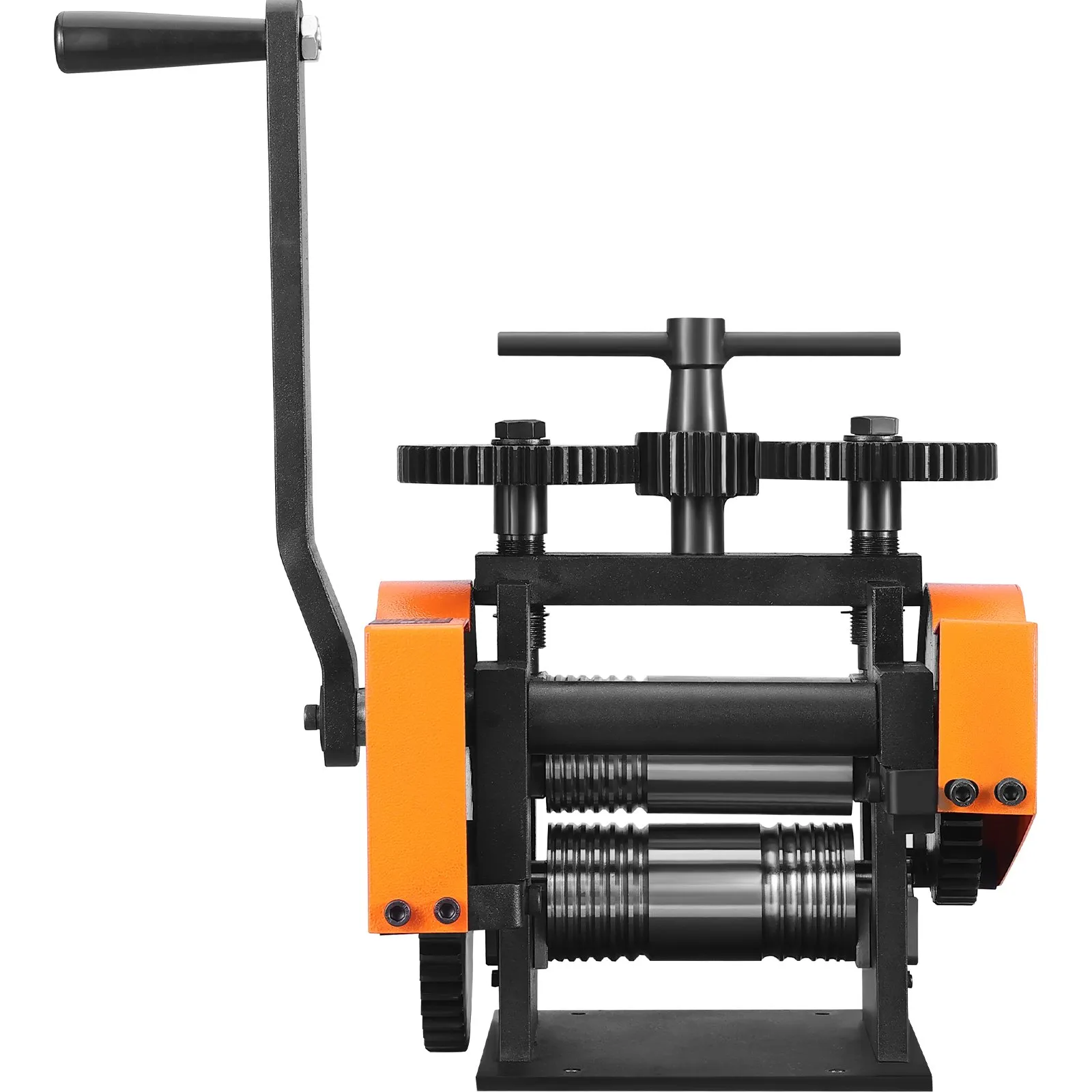 VEVOR jewelry rolling mill with orange accents, black handle, and multiple gears for metal processing.