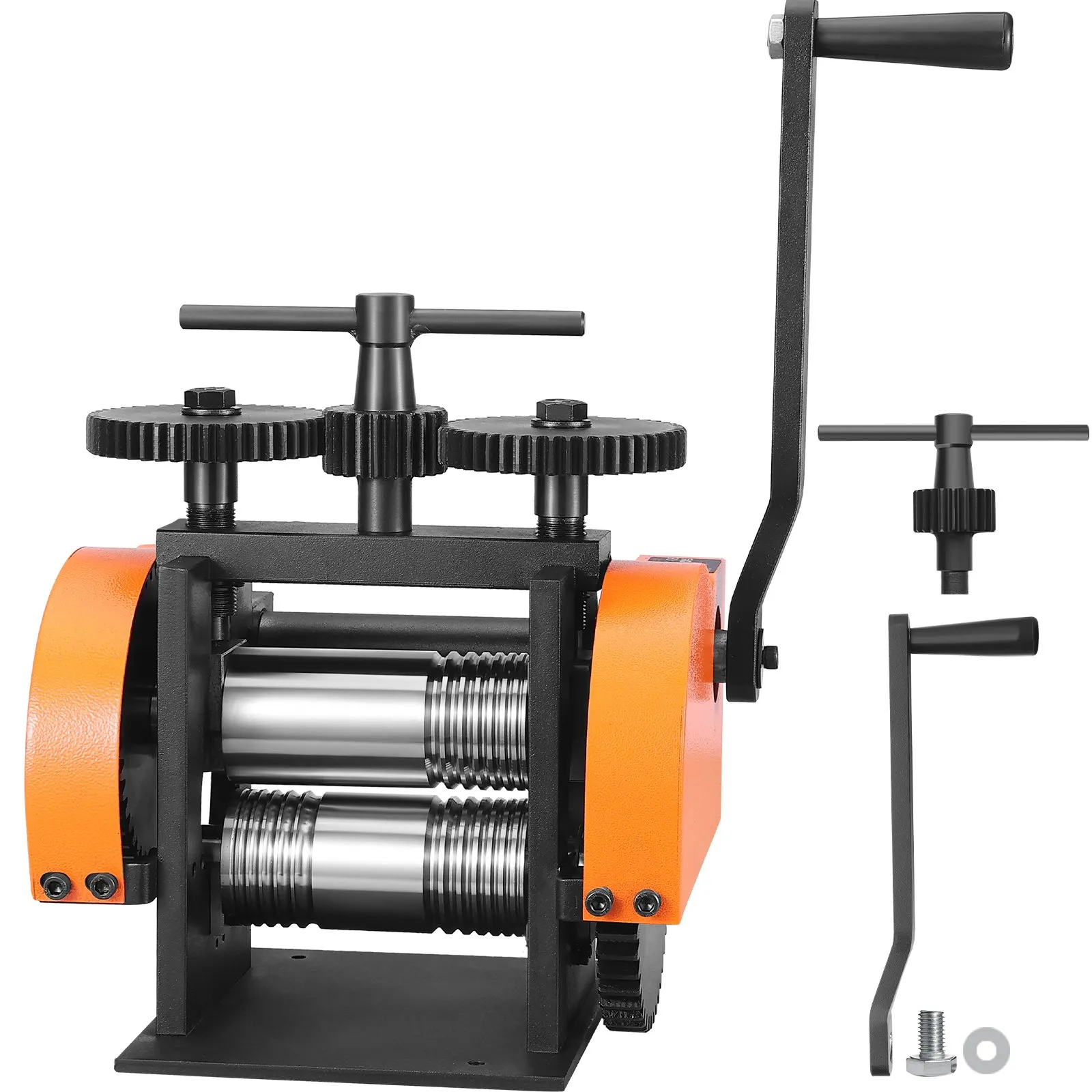 VEVOR jewelry rolling mill with orange handles, gears, dual rollers, and additional handle attachment.