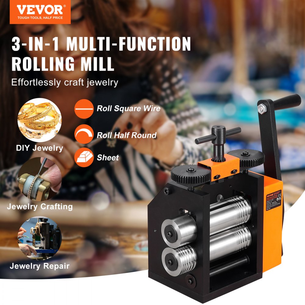 VEVOR Jewelry Rolling Mill 4.4/112mm Gear Ratio 1:2.5 Wire Roller Mill 0.1-7mm Press Thickness Manual Combination Rolling Mill w/ Iron Roller for