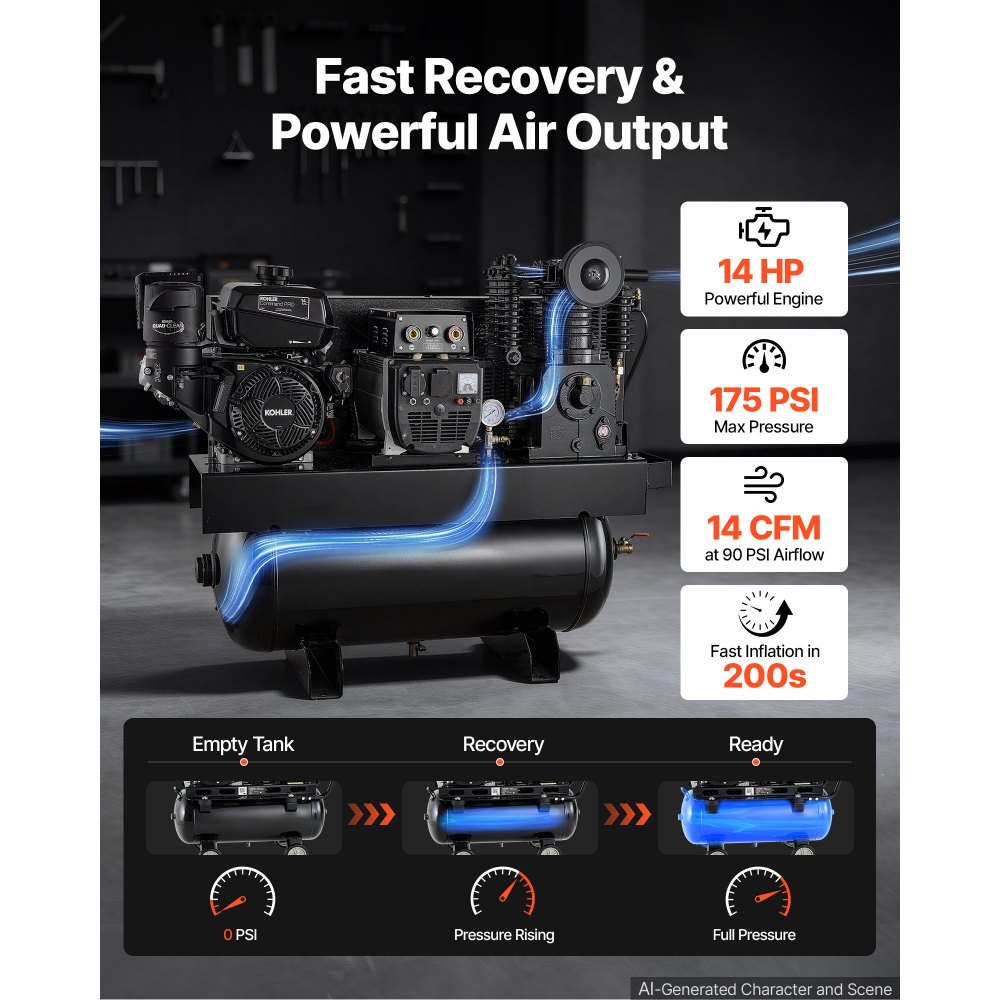 VEVOR 3-in-1 Gas Powered Air Compressor Generator Welder Combo, 14 HP 30 Gallon Air Compressor + 6000W Generator + 200A Welder, 14 CFM at 90 PSI Gas-Driven Air Compression System for Workshop Jobsite