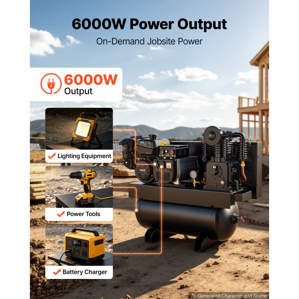 VEVOR 3-in-1 Gas Powered Air Compressor Generator Welder Combo, 14 HP 30 Gallon Air Compressor + 6000W Generator + 200A Welder, 14 CFM at 90 PSI Gas-Driven Air Compression System for Workshop Jobsite