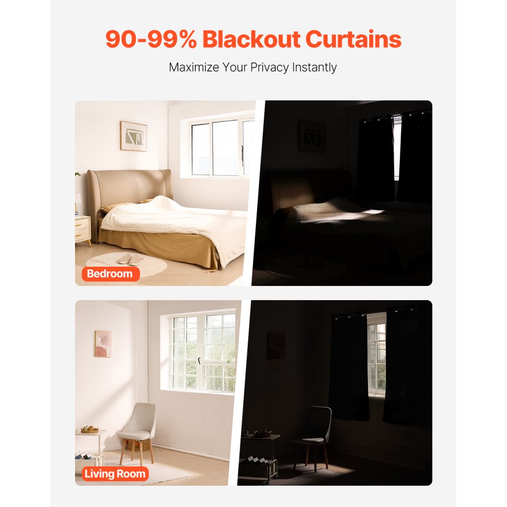 VEVOR Blackout Curtains, 63 Inch Length 2 Panels Set, 42 Inch Wide Each, Thermal Insulated Blackout Light Blocking Drapes, with Grommets, Polyester Curtains for Bedroom Living Room Window, Black
