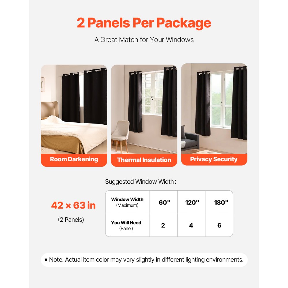 VEVOR Blackout Curtains, 63 Inch Length 2 Panels Set, 42 Inch Wide Each, Thermal Insulated Blackout Light Blocking Drapes, with Grommets, Polyester Curtains for Bedroom Living Room Window, Black