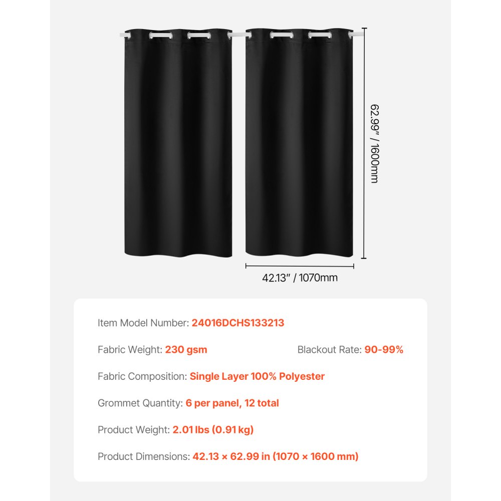 VEVOR Blackout Curtains, 63 Inch Length 2 Panels Set, 42 Inch Wide Each, Thermal Insulated Blackout Light Blocking Drapes, with Grommets, Polyester Curtains for Bedroom Living Room Window, Black
