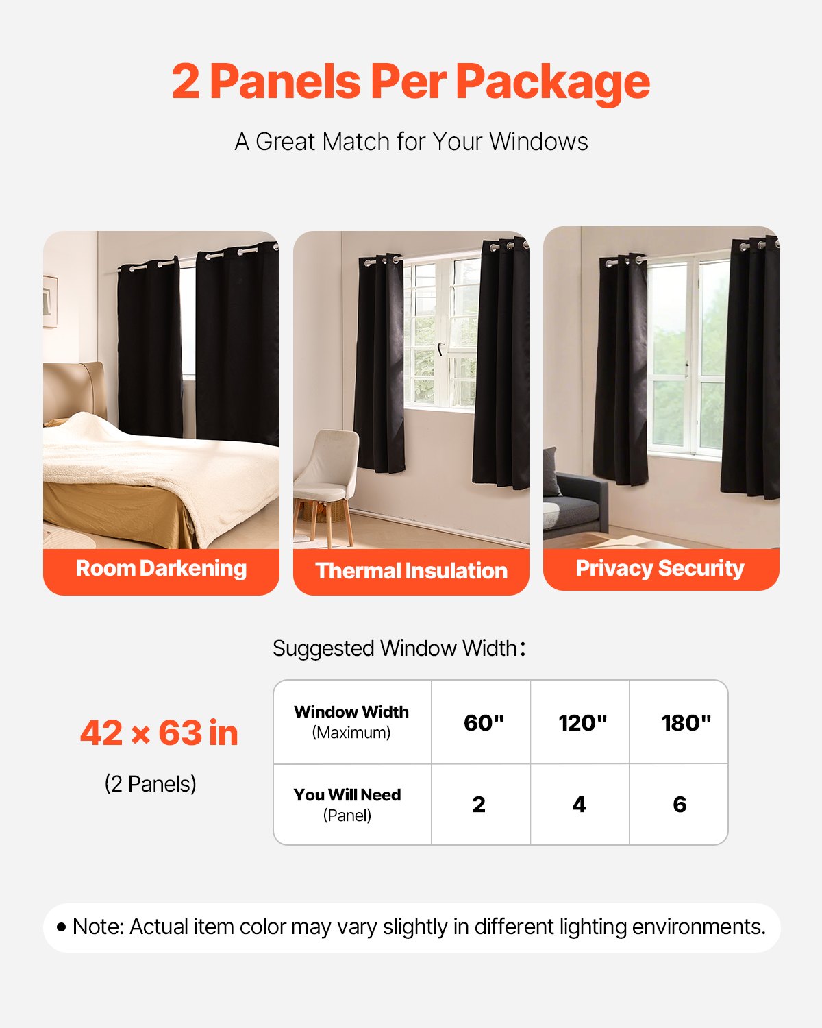VEVOR Blackout Curtains, 63 Inch Length 2 Panels Set, 42 Inch Wide Each, Thermal Insulated Blackout Light Blocking Drapes, with Grommets, Polyester Curtains for Bedroom Living Room Window, Black