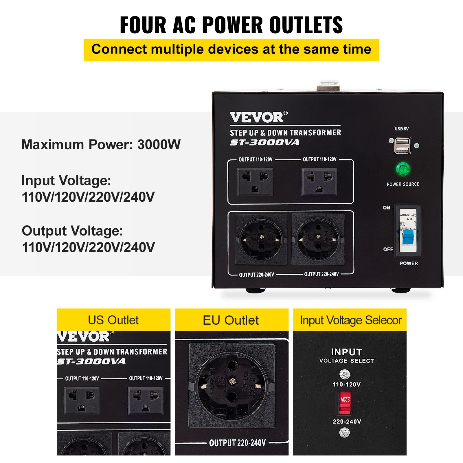 VEVOR Step Up Down Transformer Voltage Converter 3000W 240V-110V 110V-240V US-UK